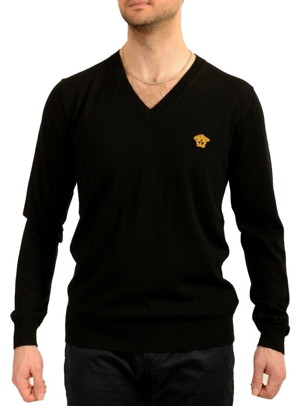 Versace Men's Medusa Logo Knit V-Neck 100% Wool Pullover Sweater US L IT 52